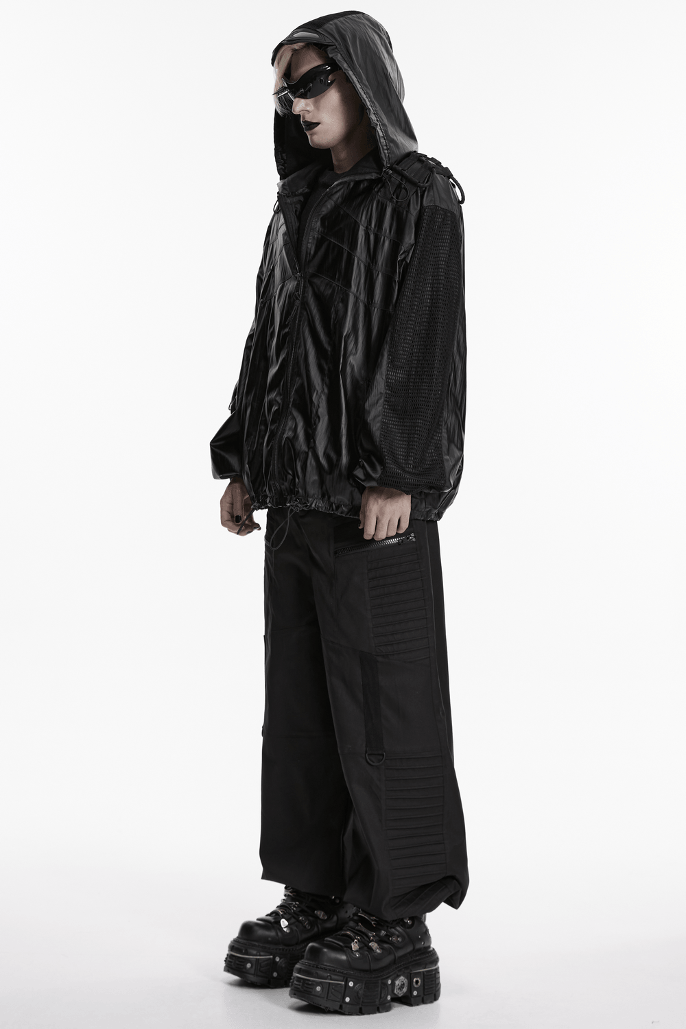 Male Black Cyberpunk Hooded Waterproof Mesh Jacket