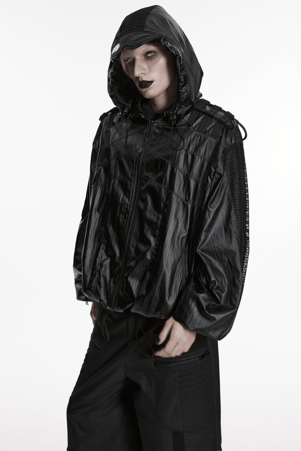 Male Black Cyberpunk Hooded Waterproof Mesh Jacket