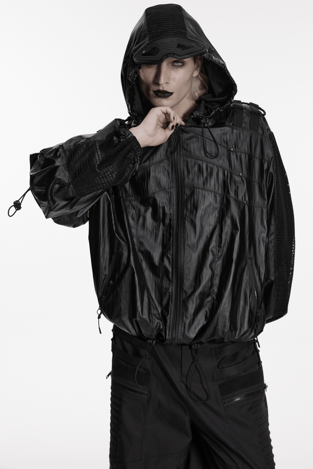 Male Black Cyberpunk Hooded Waterproof Mesh Jacket