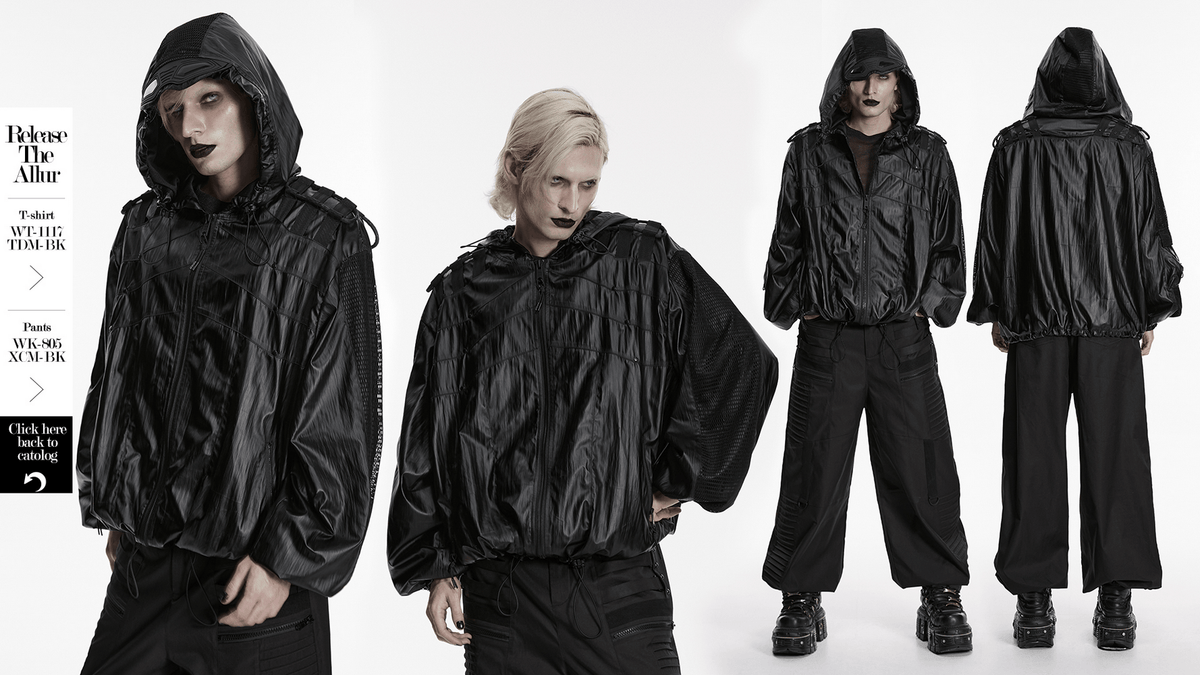 Male Black Cyberpunk Hooded Waterproof Mesh Jacket