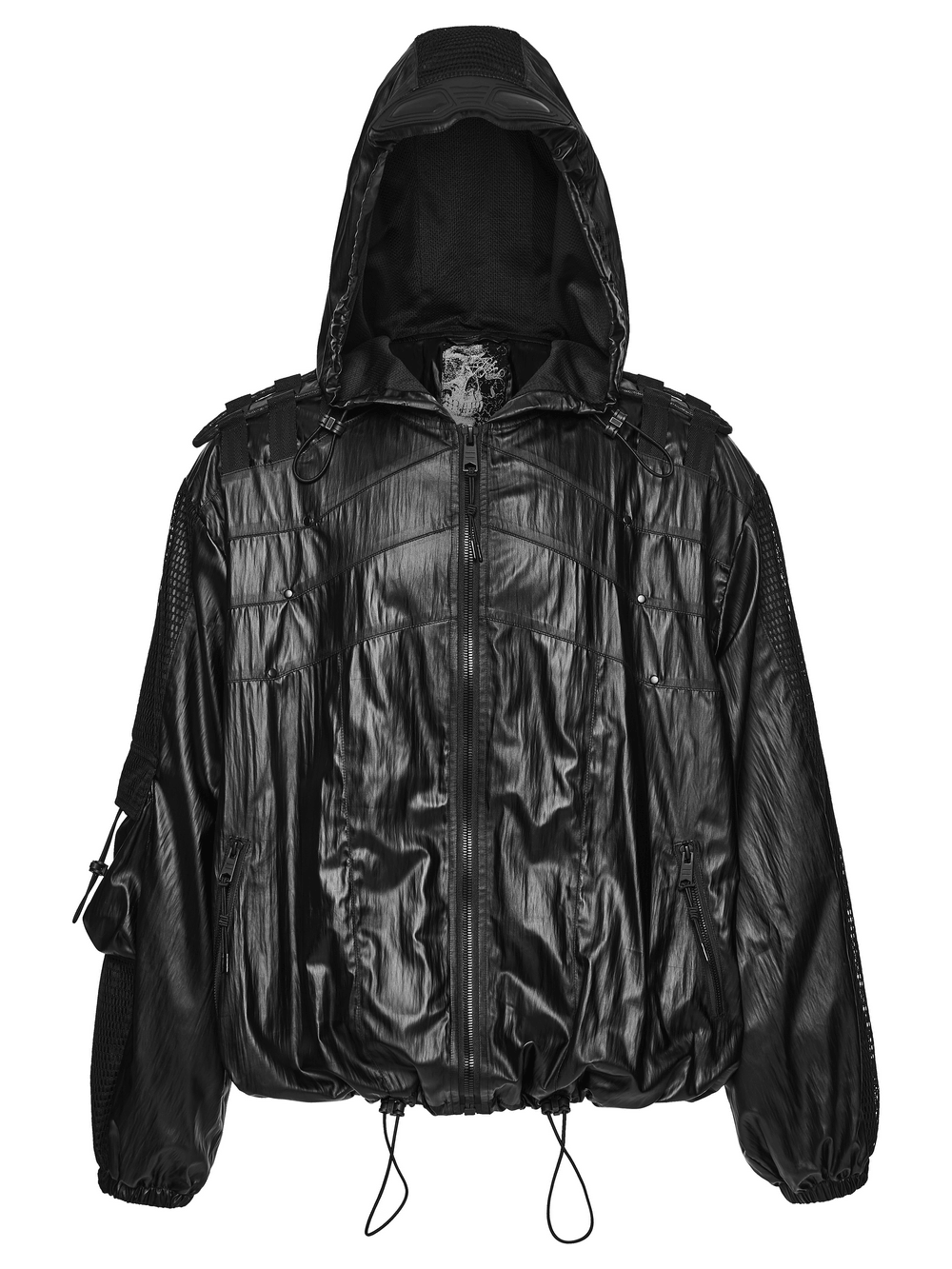 Male Black Cyberpunk Hooded Waterproof Mesh Jacket