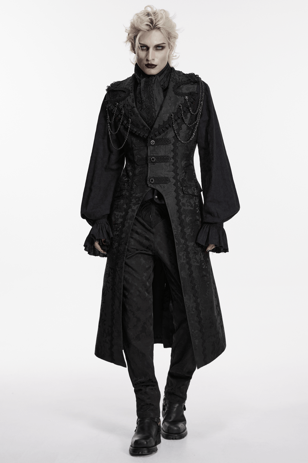 Male Black Gothic Jacquard Tie with Lace Panel Detail
