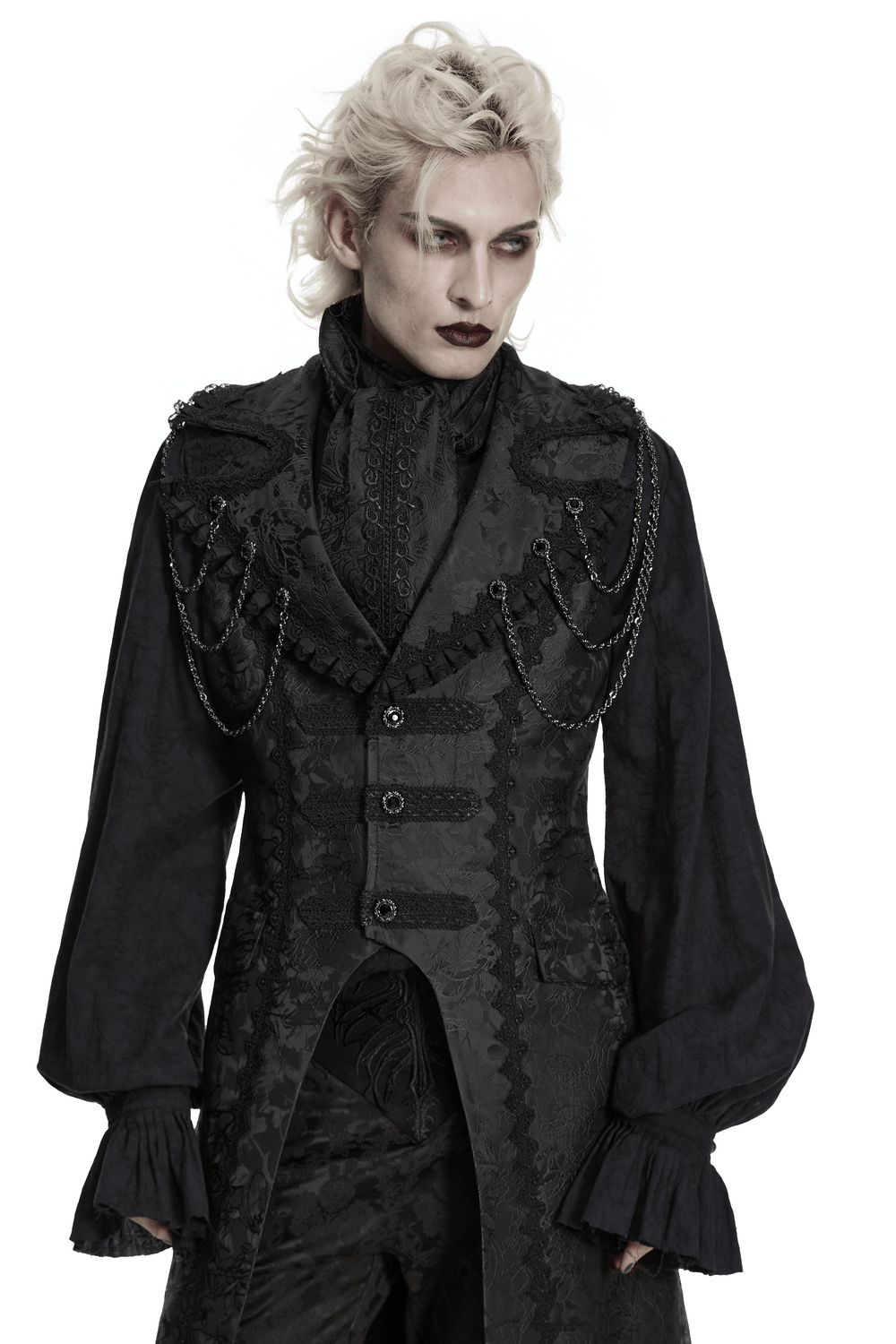 Male Black Gothic Jacquard Tie with Lace Panel Detail