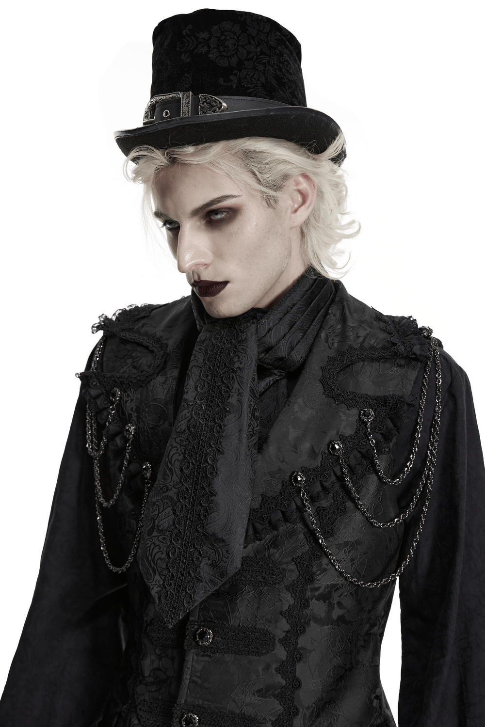 Male Black Gothic Jacquard Tie with Lace Panel Detail