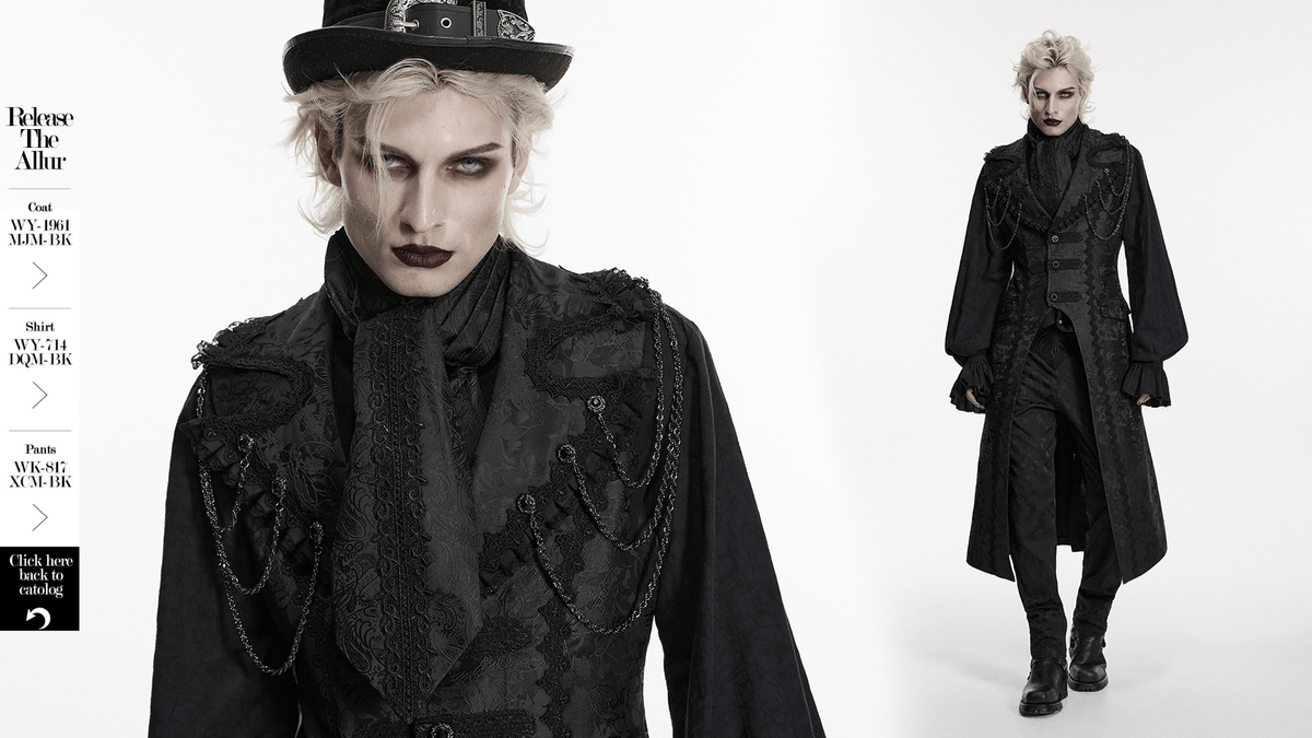 Male Black Gothic Jacquard Tie with Lace Panel Detail