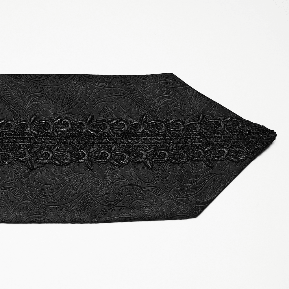 Male Black Gothic Jacquard Tie with Lace Panel Detail