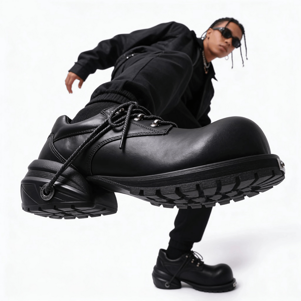 Male Black Punk Lace-Up Shoes with Chunky Platform Soles