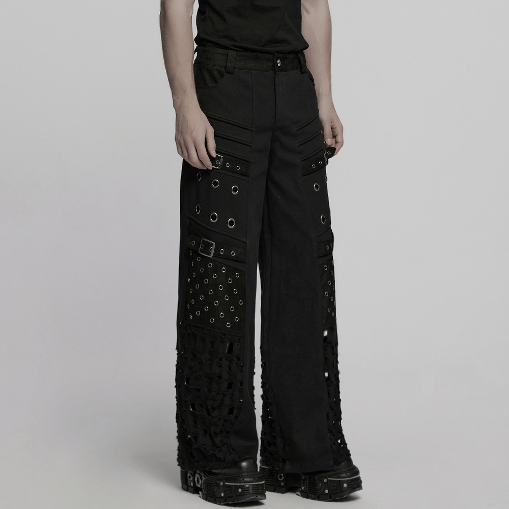 Male Black Punk Pants with Eyelets and Mesh Panels