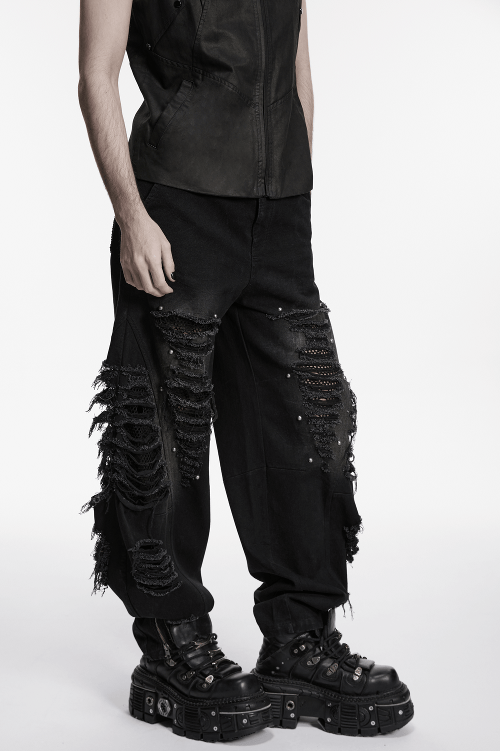 Male Bold Punk Distressed Denim Pants with Studded Rips