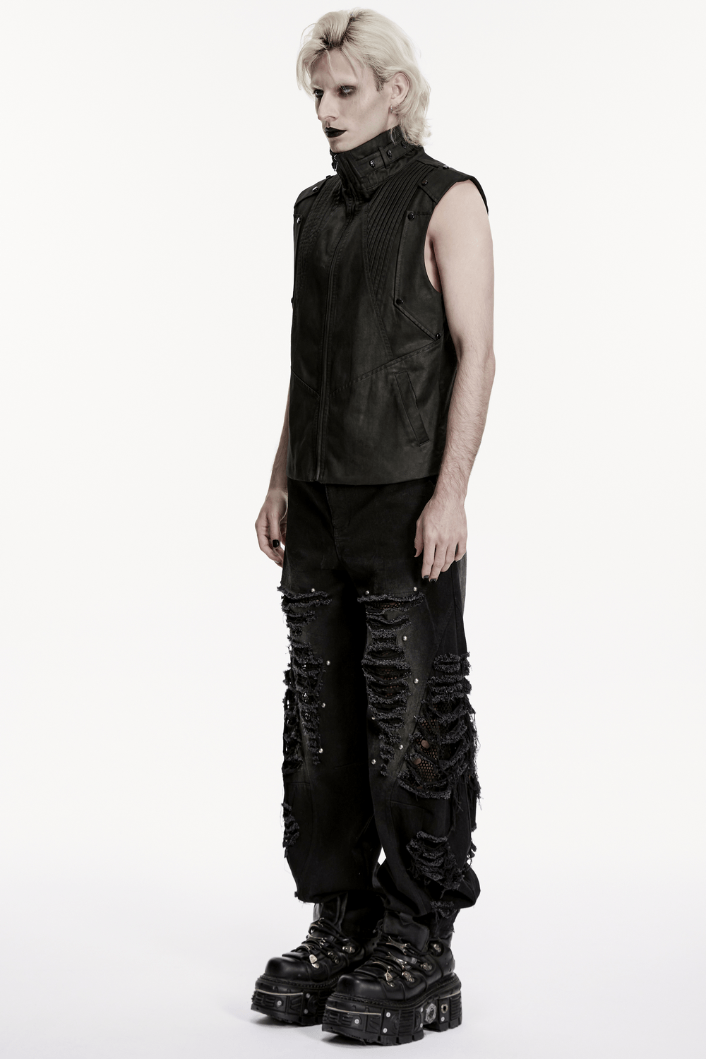 Male Bold Punk Distressed Denim Pants with Studded Rips
