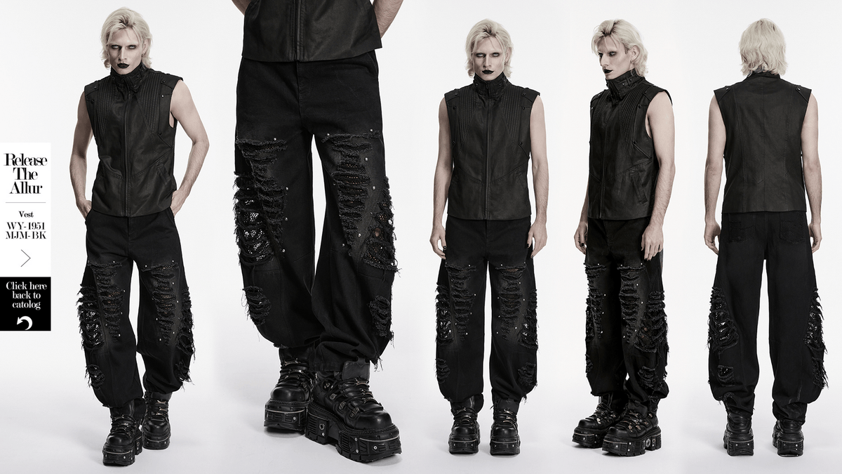 Male Bold Punk Distressed Denim Pants with Studded Rips