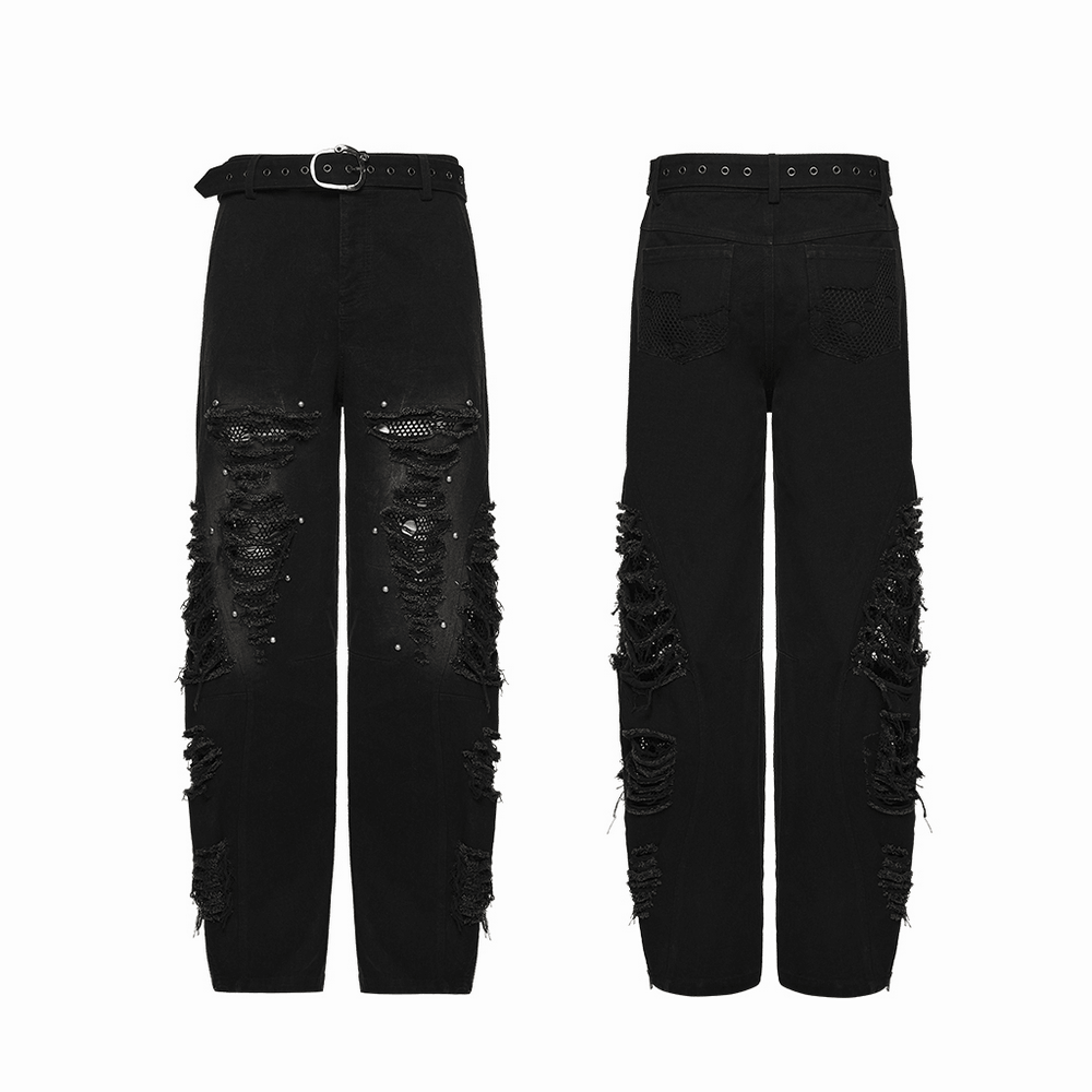 Male Bold Punk Distressed Denim Pants with Studded Rips