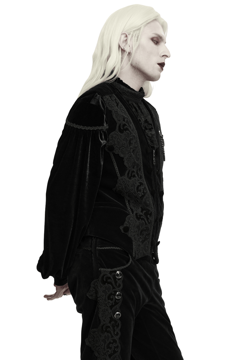 Male Gothic Black Velvet Embroidered Waistcoat with Brooch