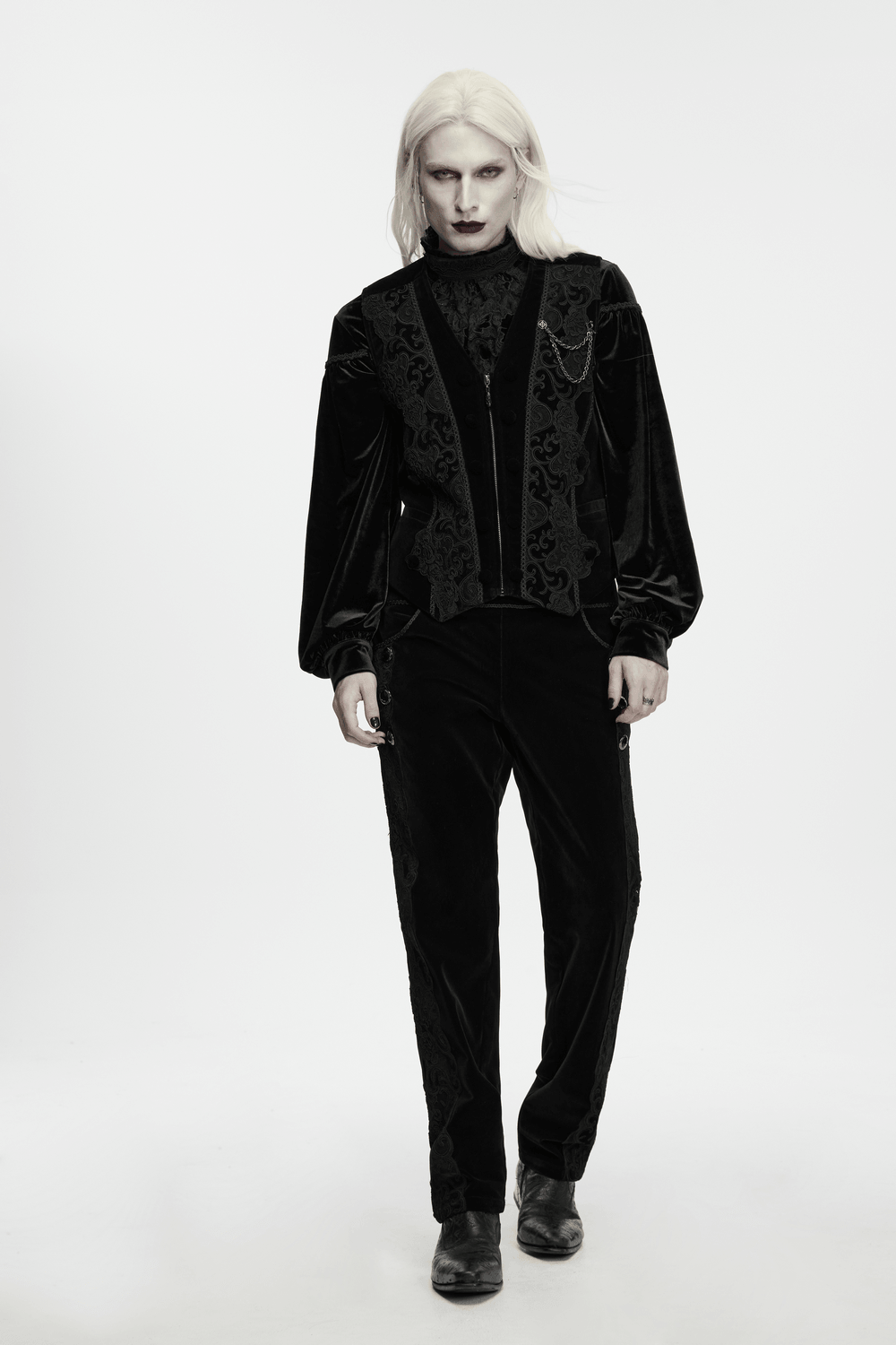 Male Gothic Black Velvet Embroidered Waistcoat with Brooch