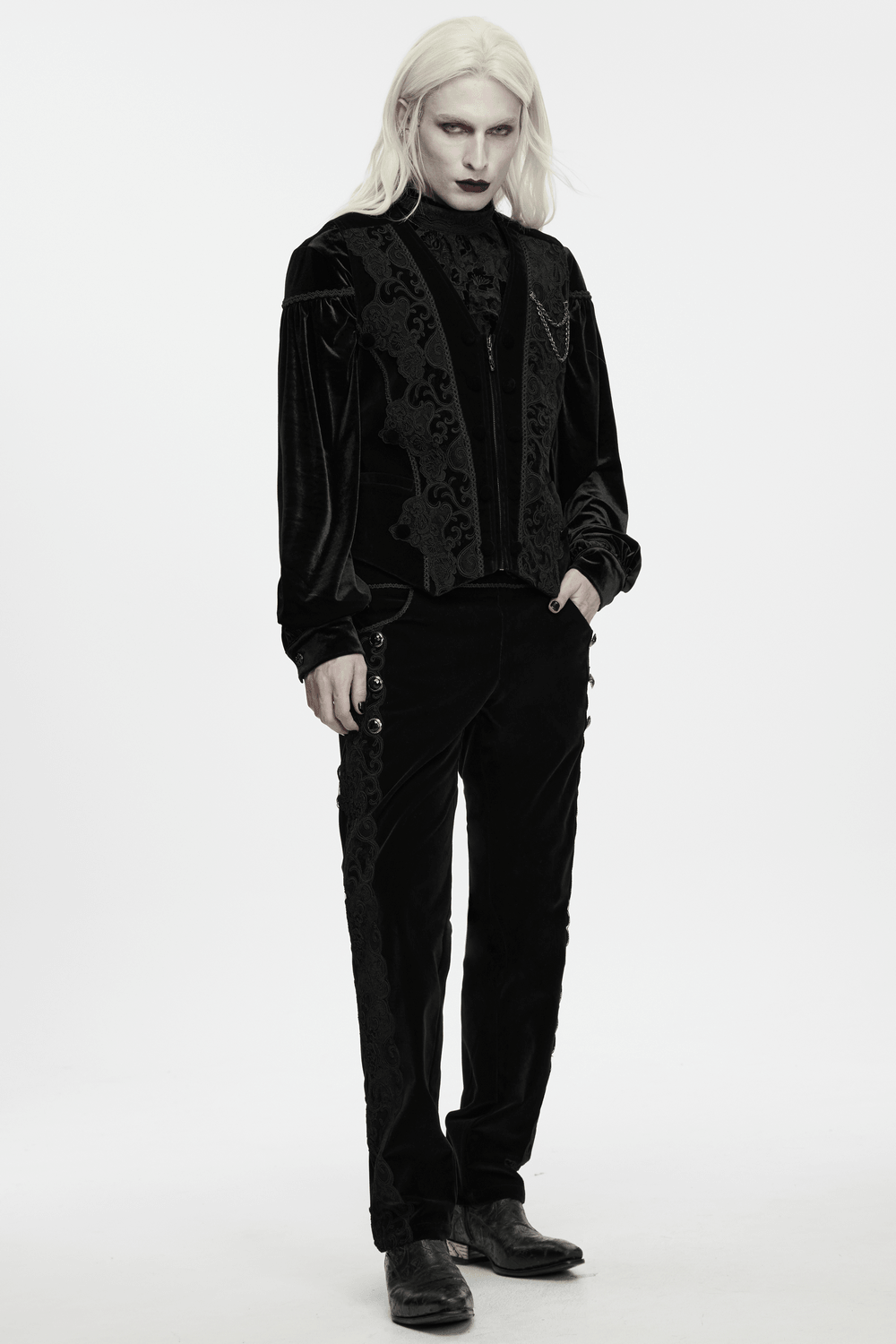 Male Gothic Black Velvet Embroidered Waistcoat with Brooch