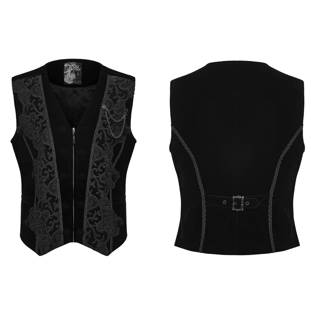 Male Gothic Black Velvet Embroidered Waistcoat with Brooch