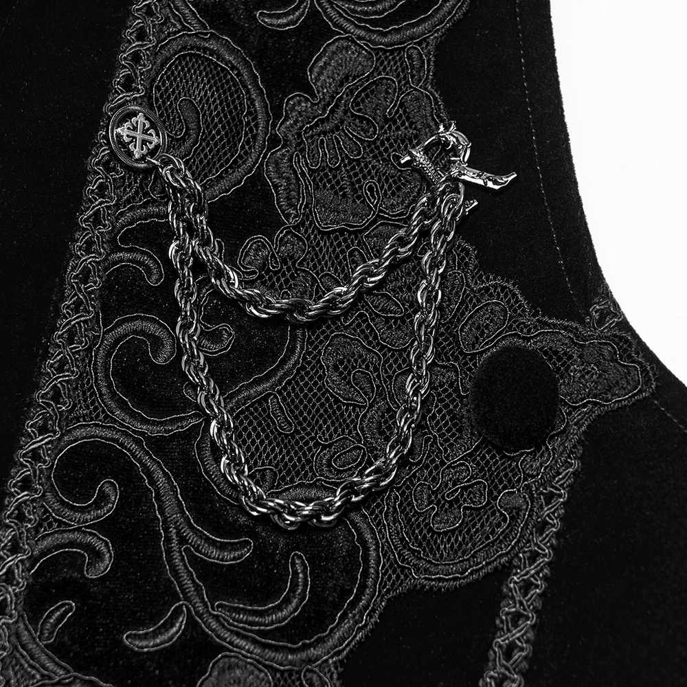 Male Gothic Black Velvet Embroidered Waistcoat with Brooch