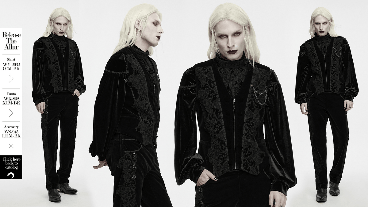 Male Gothic Black Velvet Embroidered Waistcoat with Brooch