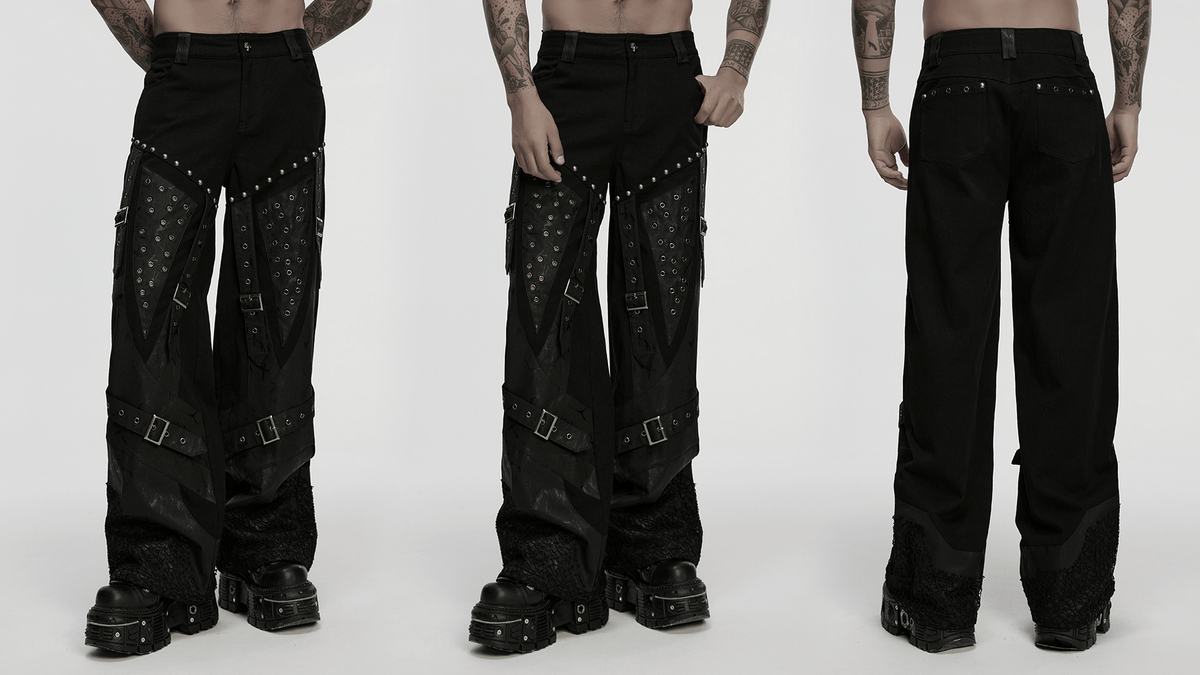 Male Punk Black Pants with Studs and Buckle Straps
