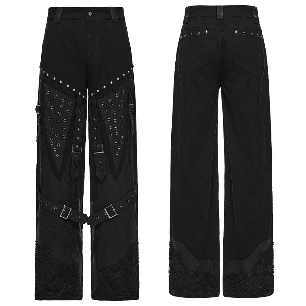 Male Punk Black Pants with Studs and Buckle Straps