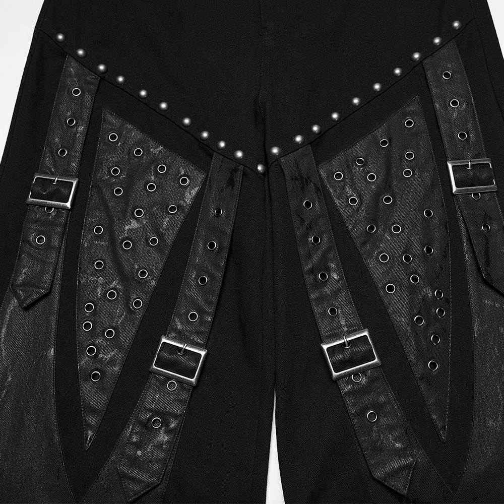 Male Punk Black Pants with Studs and Buckle Straps
