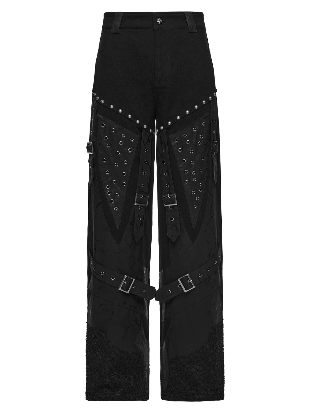 Male Punk Black Pants with Studs and Buckle Straps