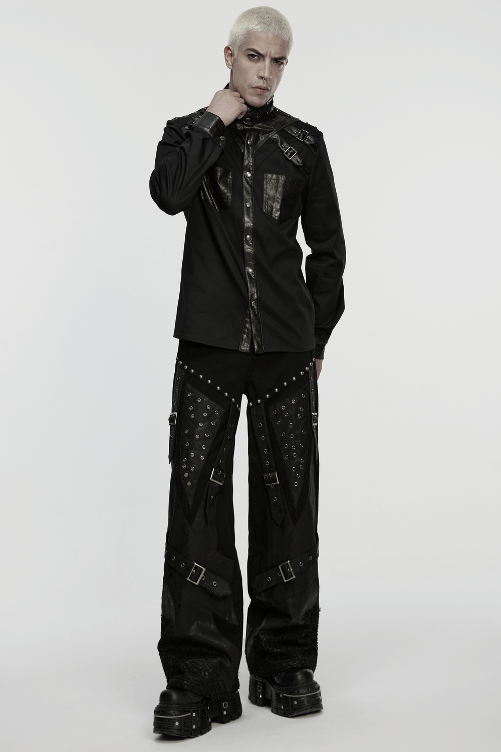 Male Punk Black Pants with Studs and Buckle Straps