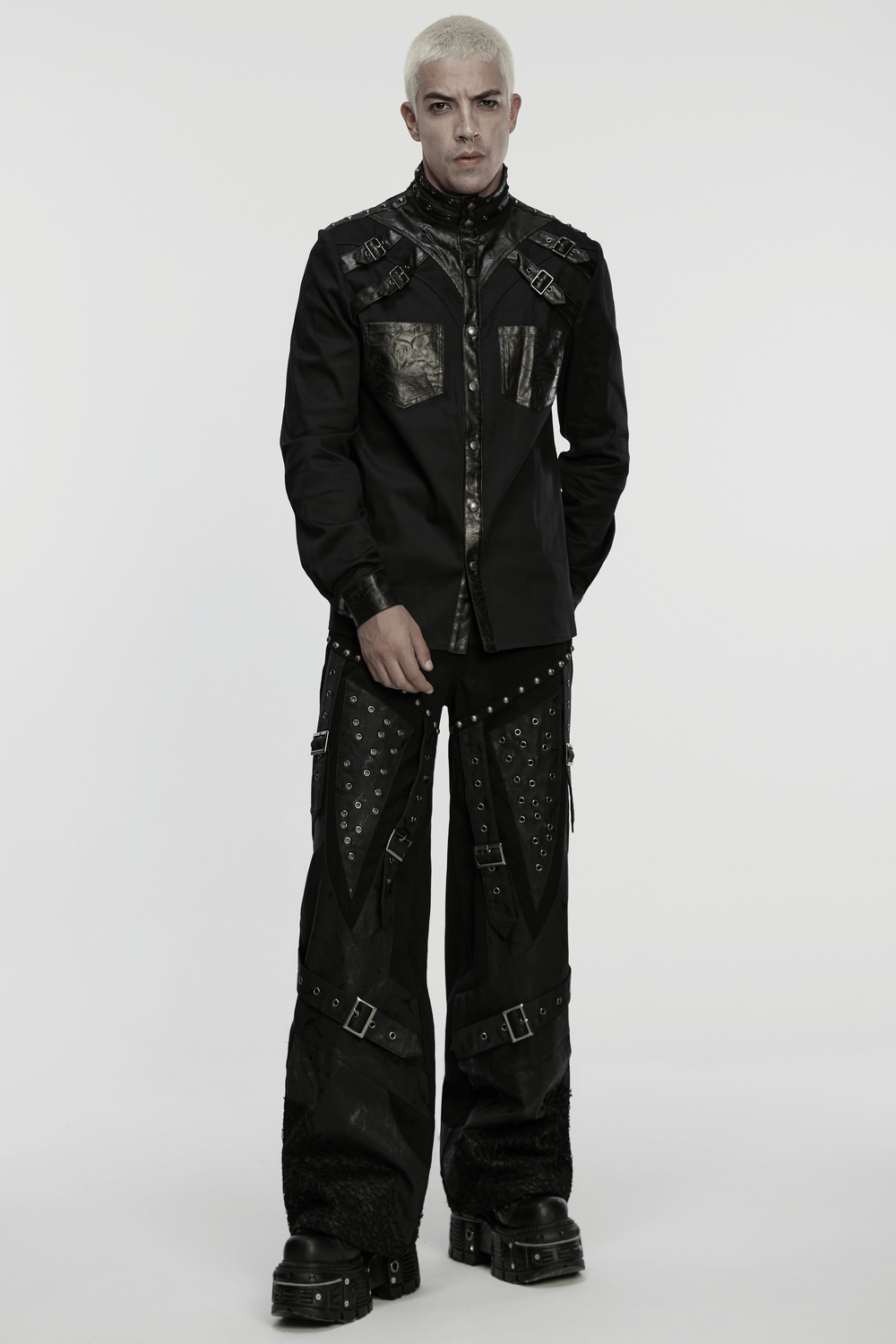 Male Punk Black Pants with Studs and Buckle Straps