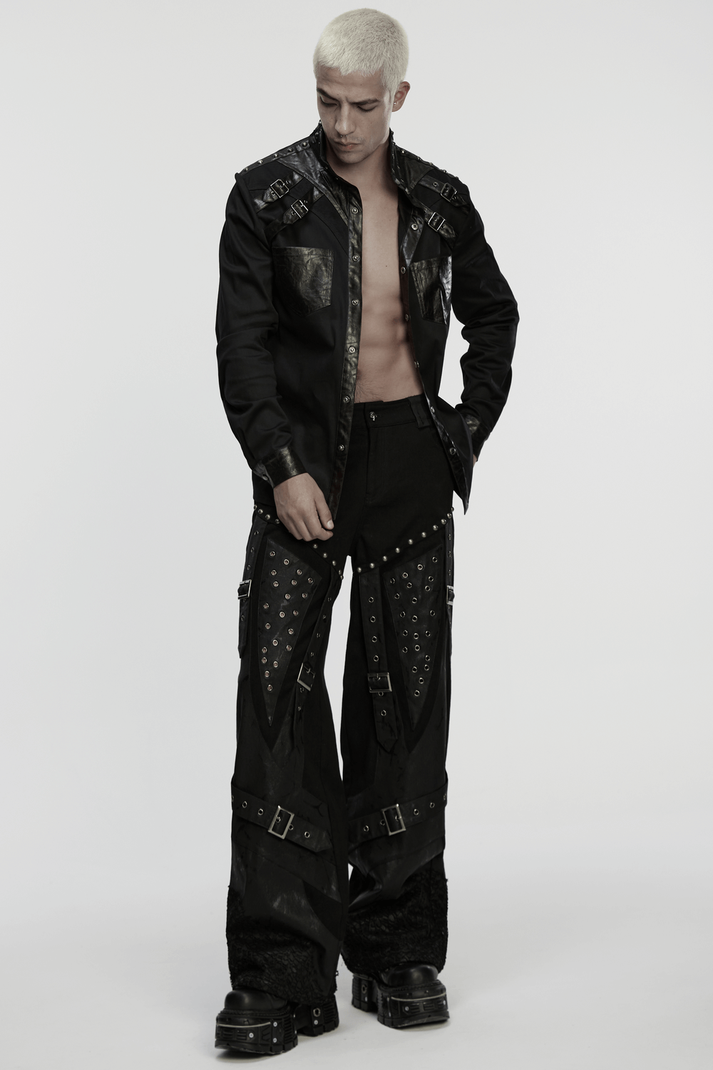 Male Punk Black Pants with Studs and Buckle Straps