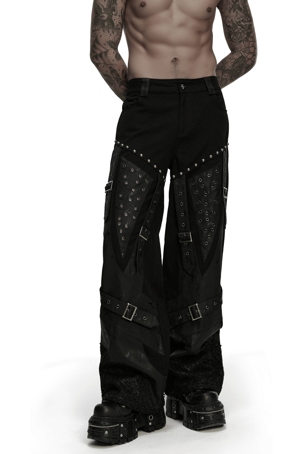 Male Punk Black Pants with Studs and Buckle Straps