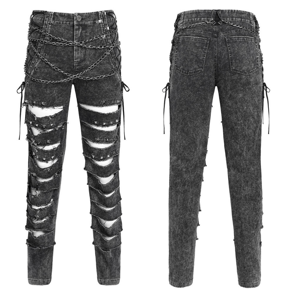 Male Ripped Legs Pants with Chain and Stud Details