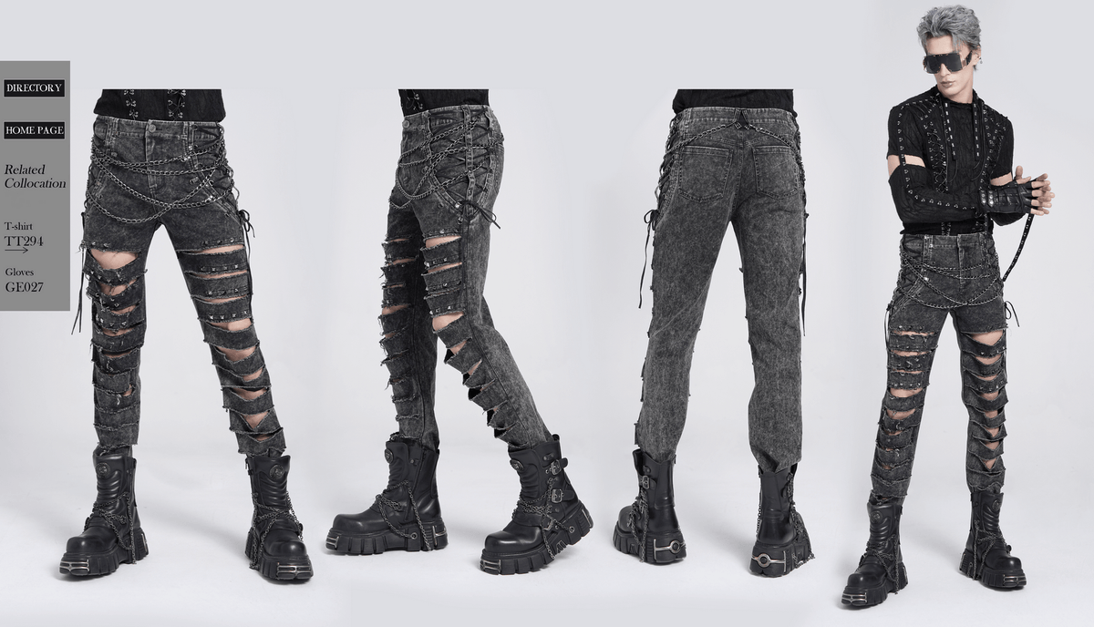 Male Ripped Legs Pants with Chain and Stud Details