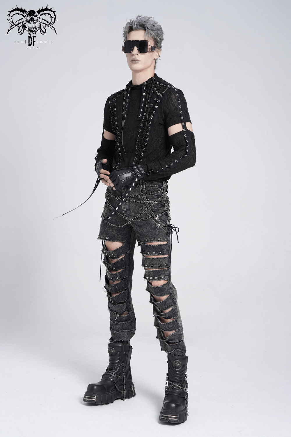 Male Ripped Legs Pants with Chain and Stud Details