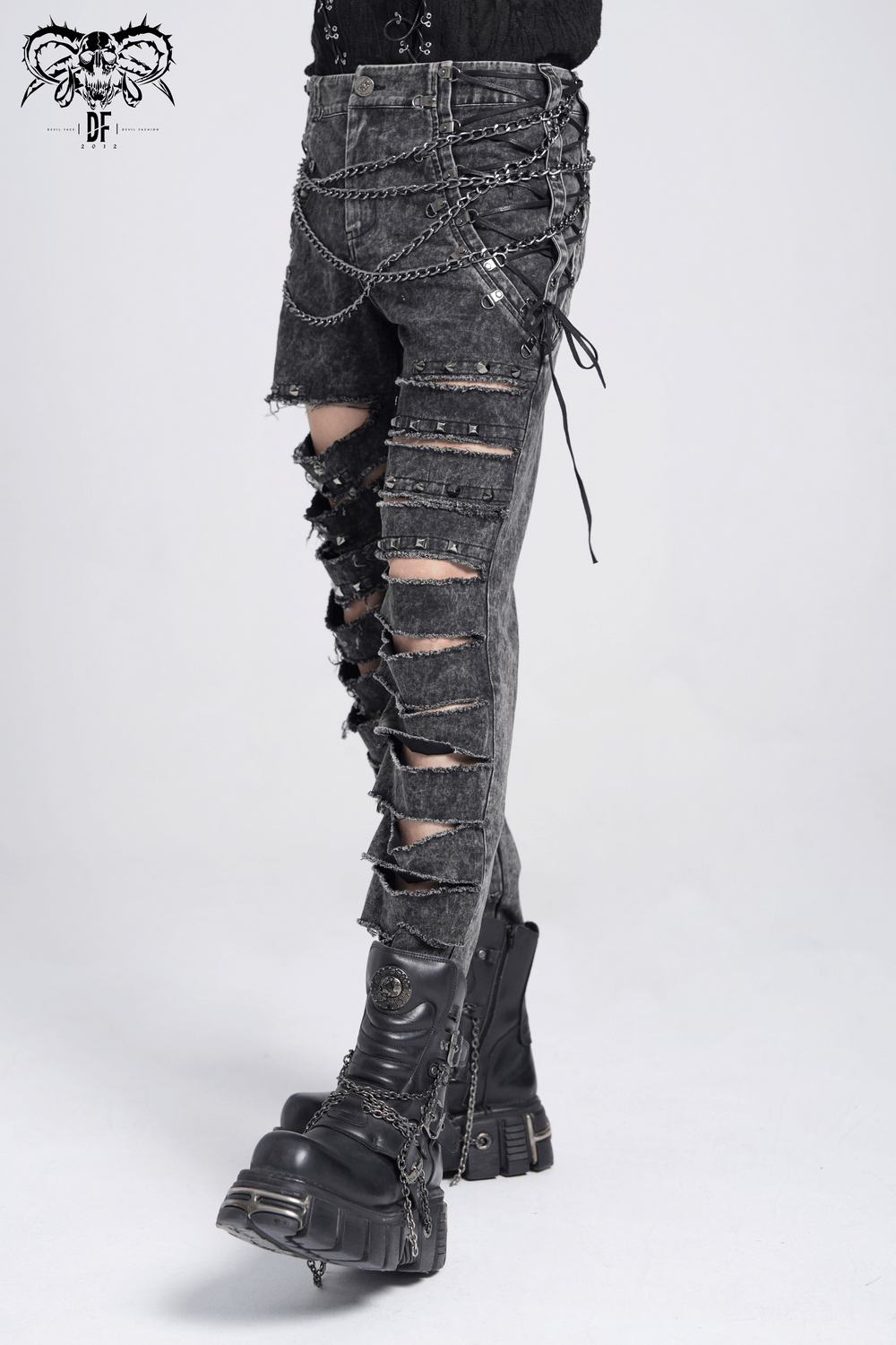Male Ripped Legs Pants with Chain and Stud Details