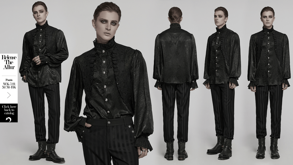 Male Victorian Black Shirt with Lace and Engraved Buttons