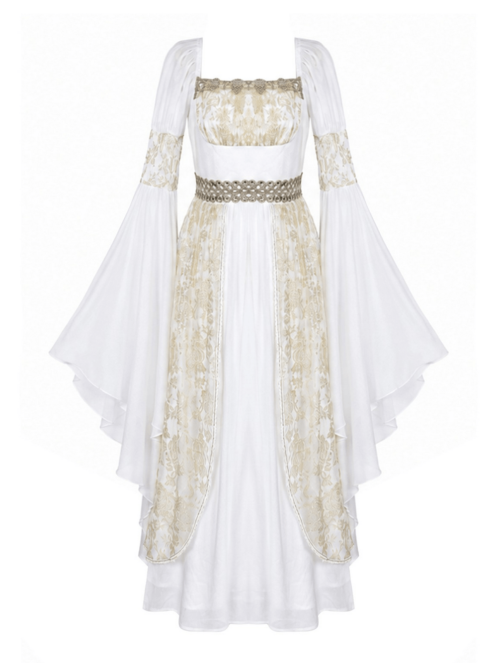 Medieval White Maxi Dress with Gold Trim and Bell Sleeves