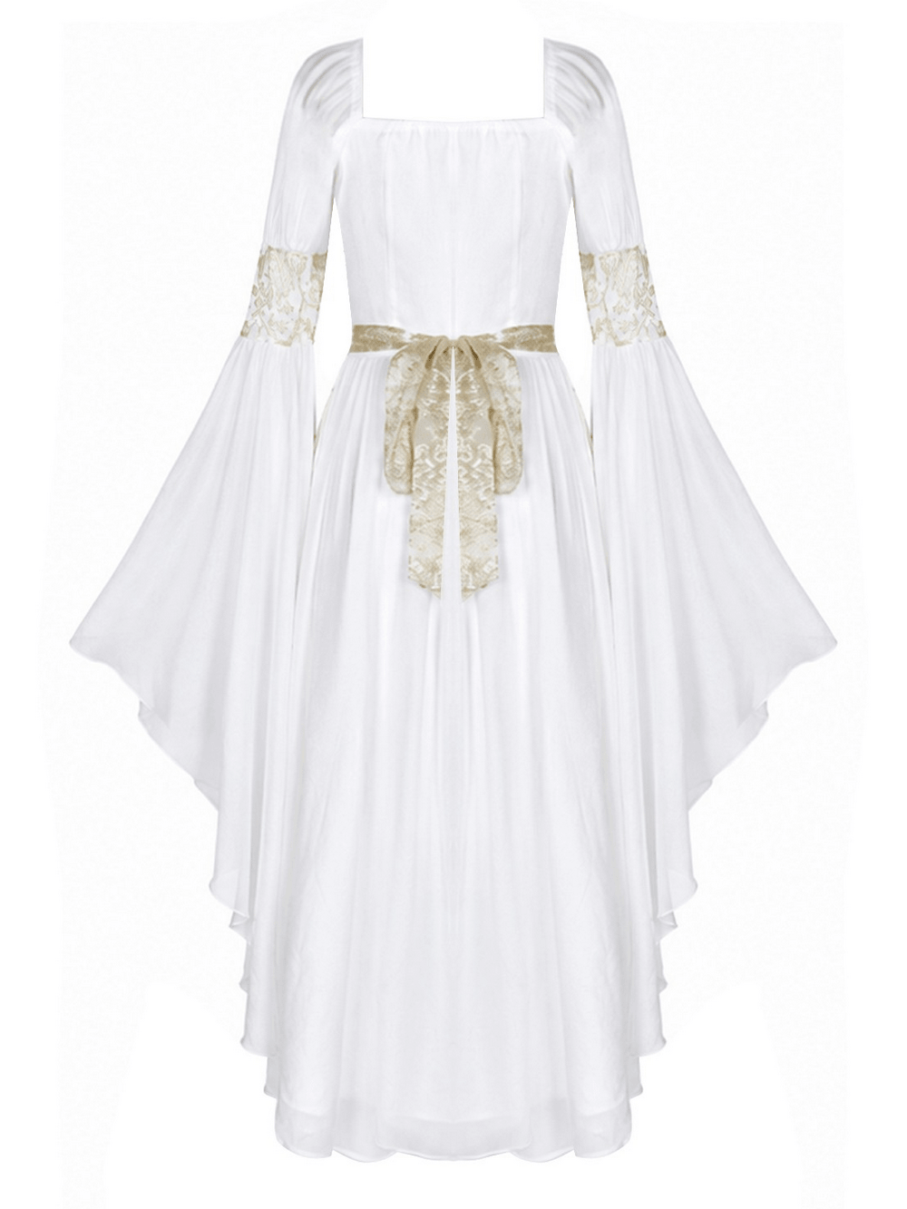 Medieval White Maxi Dress with Gold Trim and Bell Sleeves