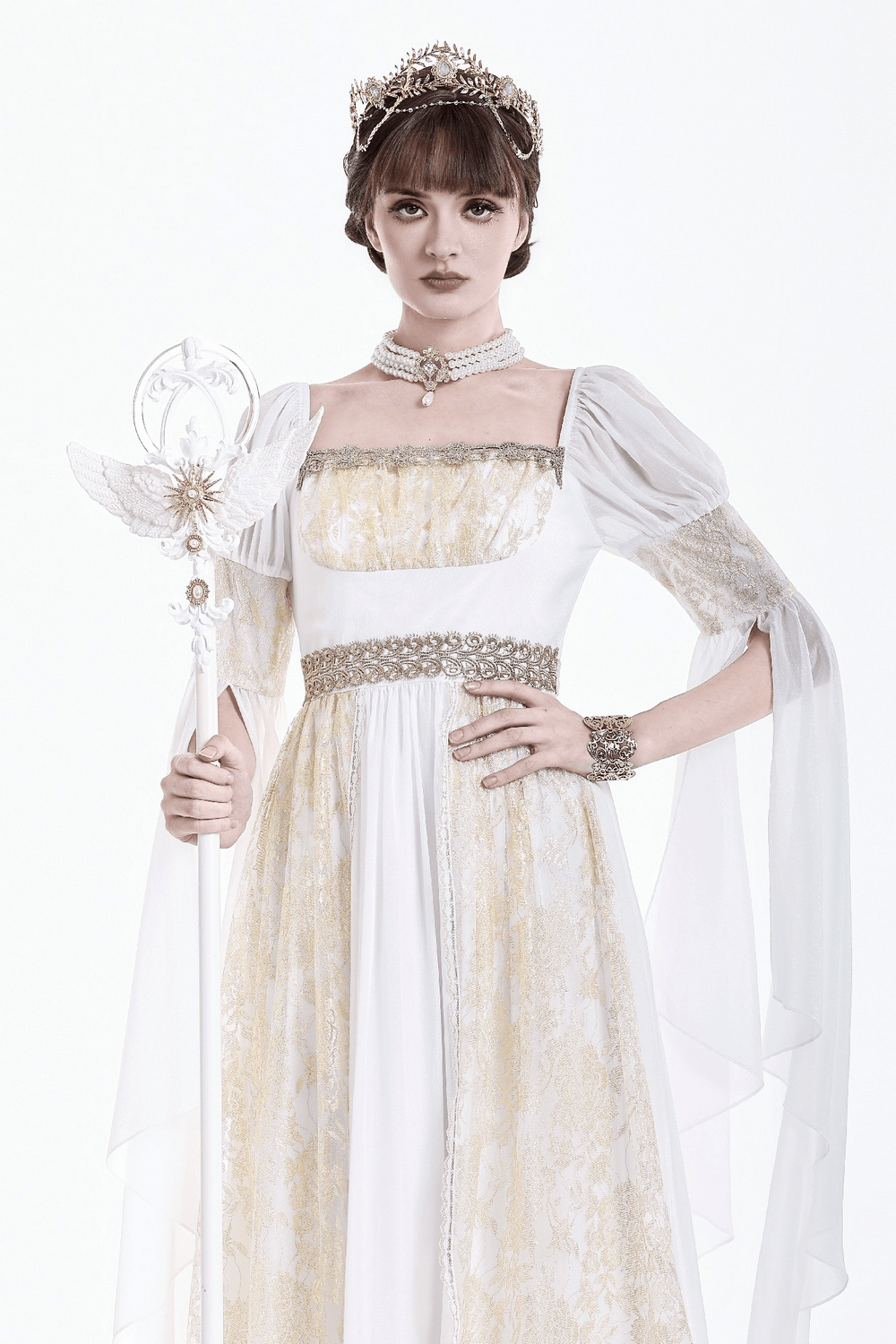 Medieval White Maxi Dress with Gold Trim and Bell Sleeves