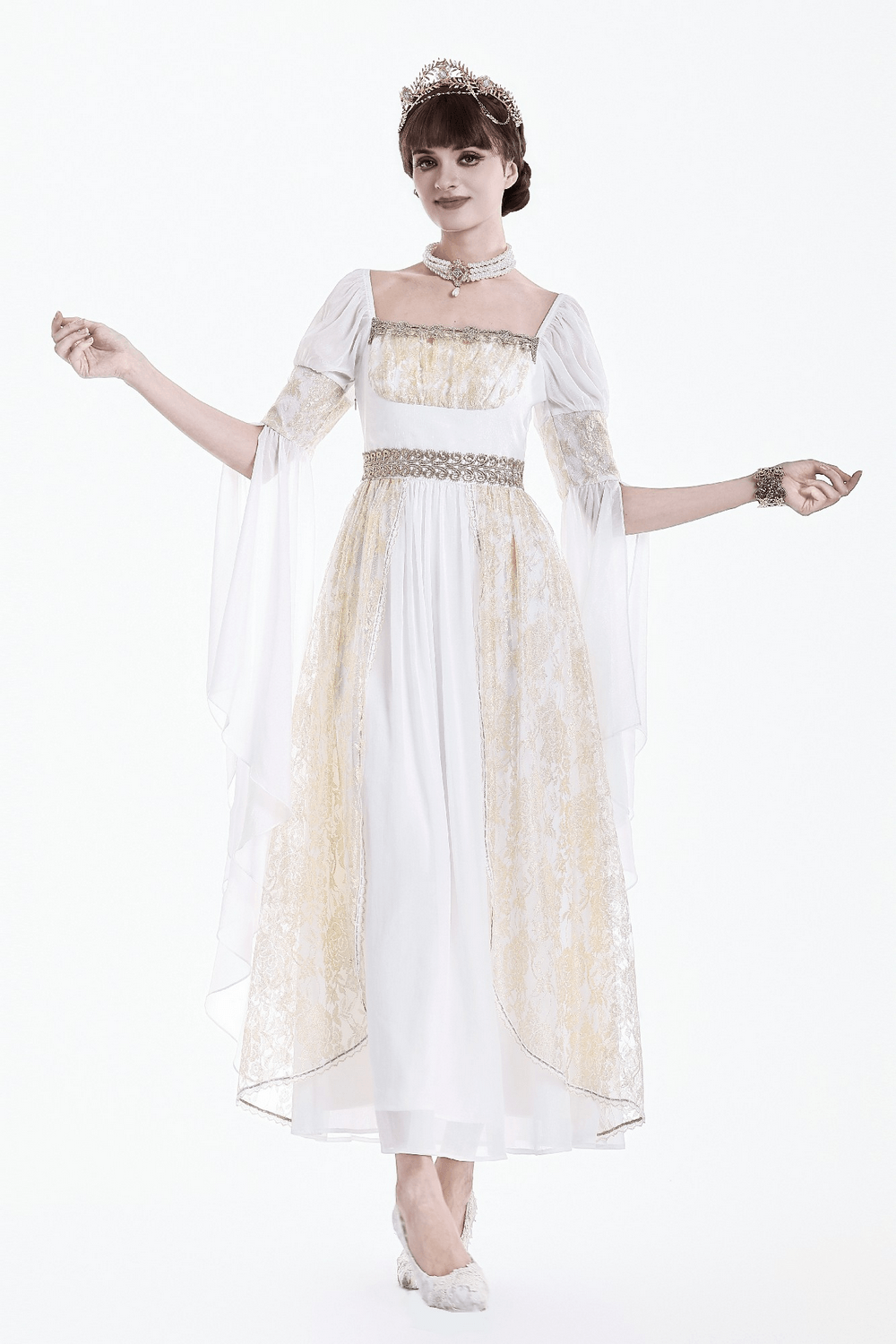 Medieval White Maxi Dress with Gold Trim and Bell Sleeves