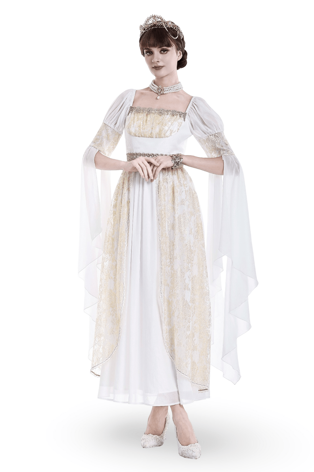 Medieval White Maxi Dress with Gold Trim and Bell Sleeves