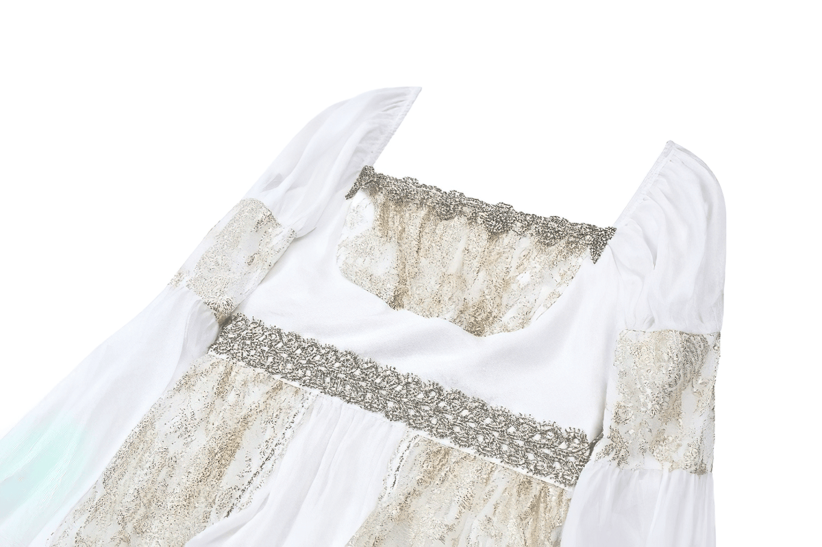 Medieval White Maxi Dress with Gold Trim and Bell Sleeves