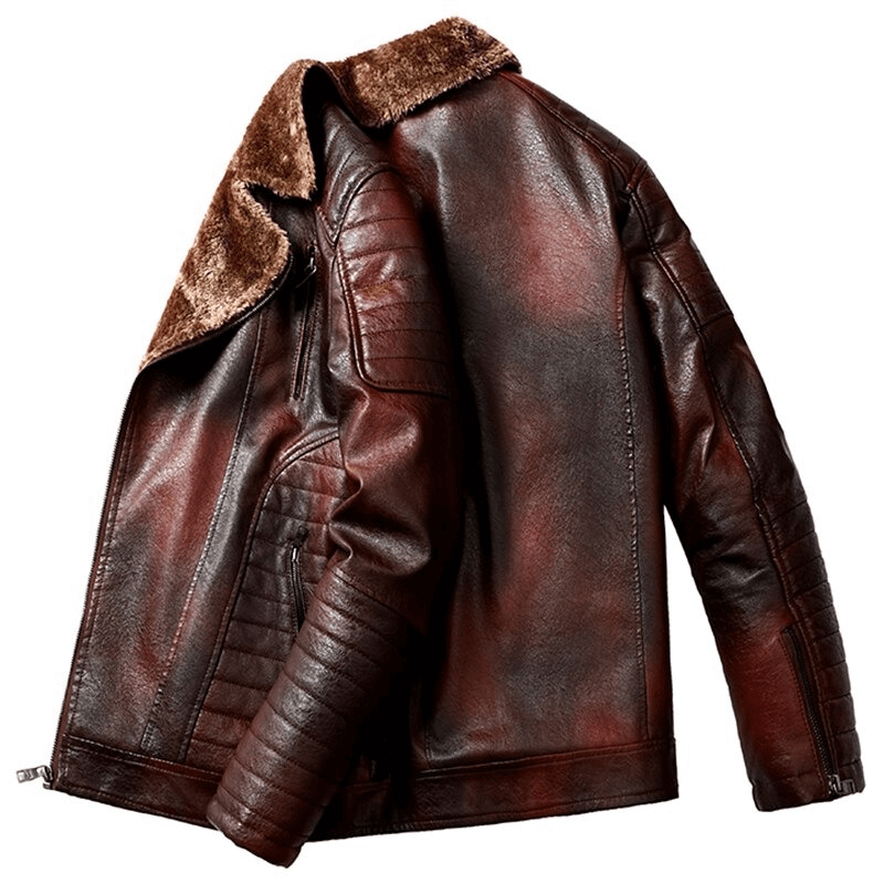 US SALE of Fur Collar Thicken Leather Jacket / Pockets Zipper Warm Jackets