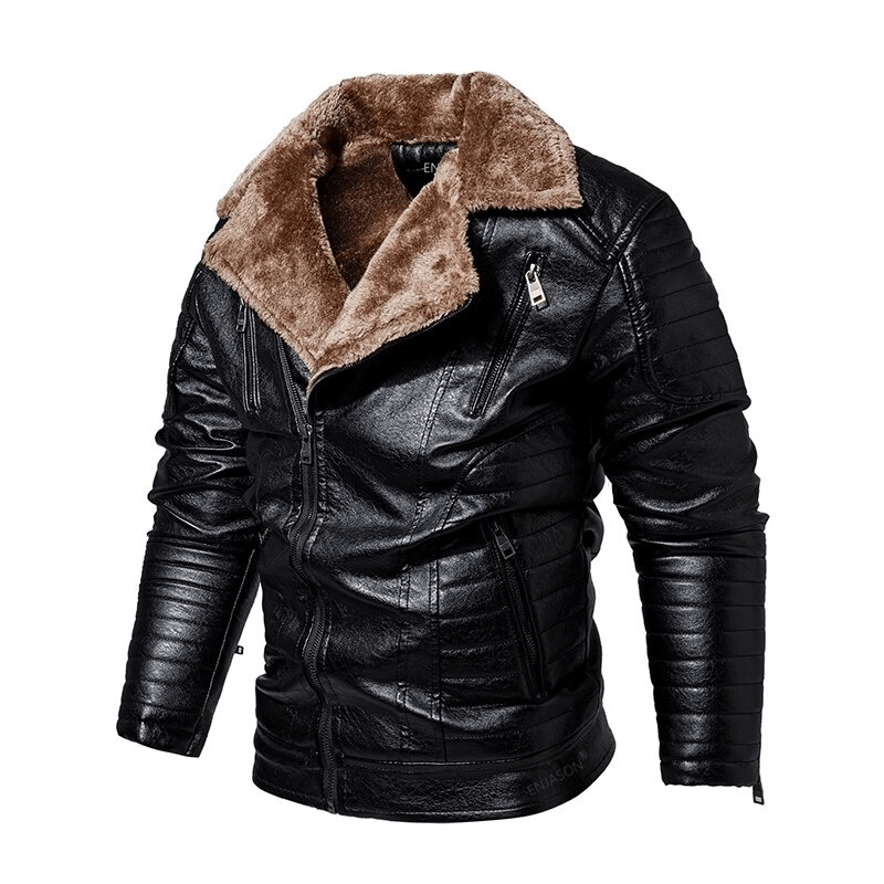 US SALE of Fur Collar Thicken Leather Jacket / Pockets Zipper Warm Jackets