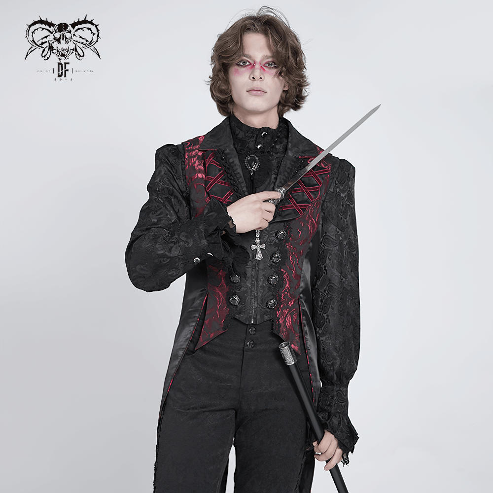 US SALE of Men's Gothic Brocade Tailcoat Vest with Cross Detail