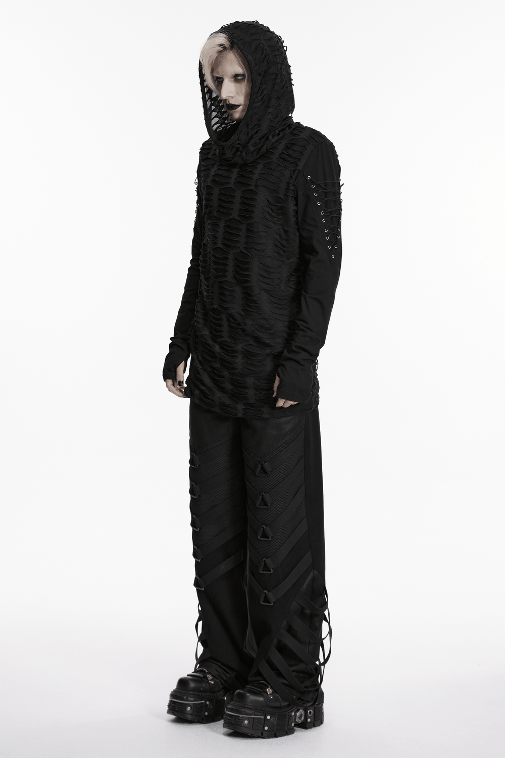 Men's Black Distressed Gothic Hooded Long-Sleeved Top