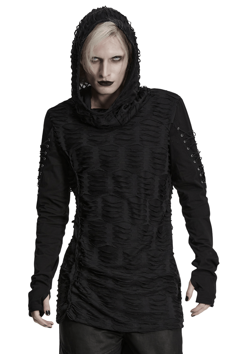 Men's Black Distressed Gothic Hooded Long-Sleeved Top