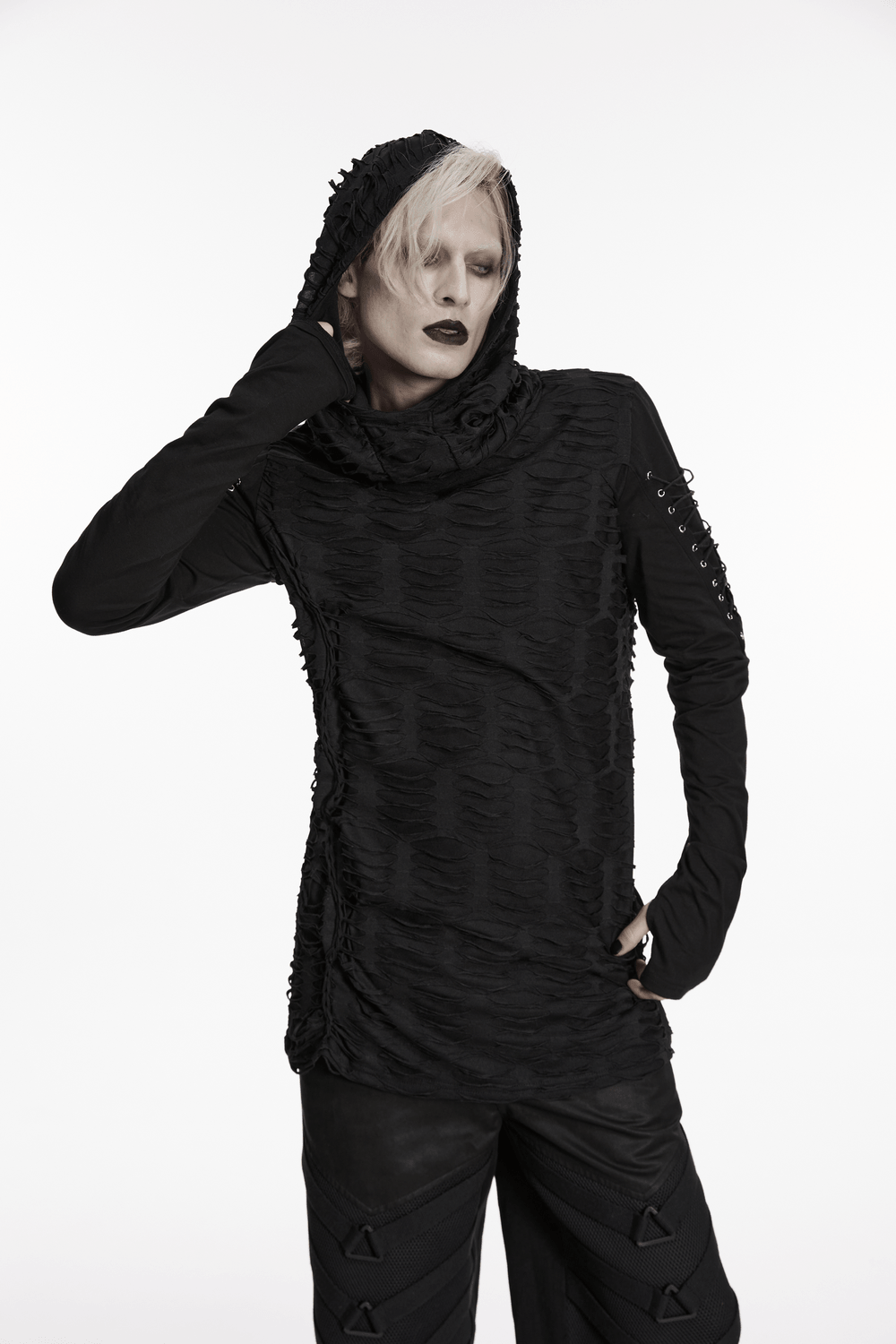 Men's Black Distressed Gothic Hooded Long-Sleeved Top