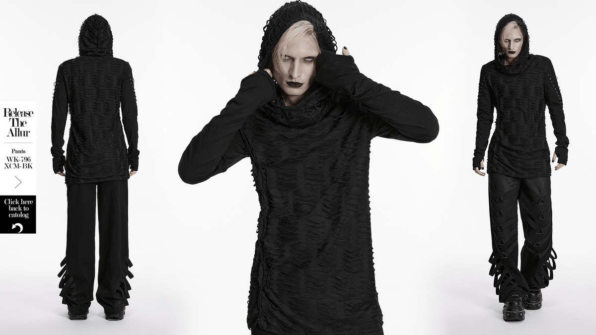 Men's Black Distressed Gothic Hooded Long-Sleeved Top