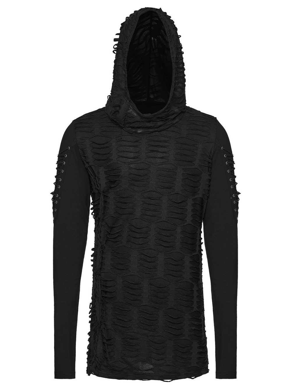 Men's Black Distressed Gothic Hooded Long-Sleeved Top