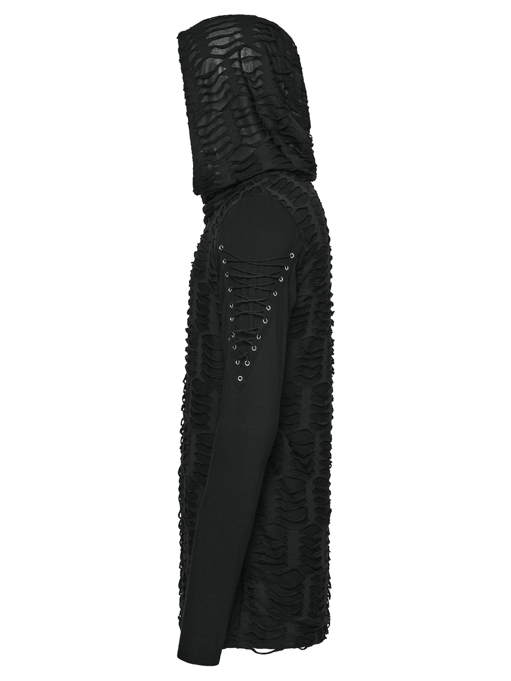 Men's Black Distressed Gothic Hooded Long-Sleeved Top